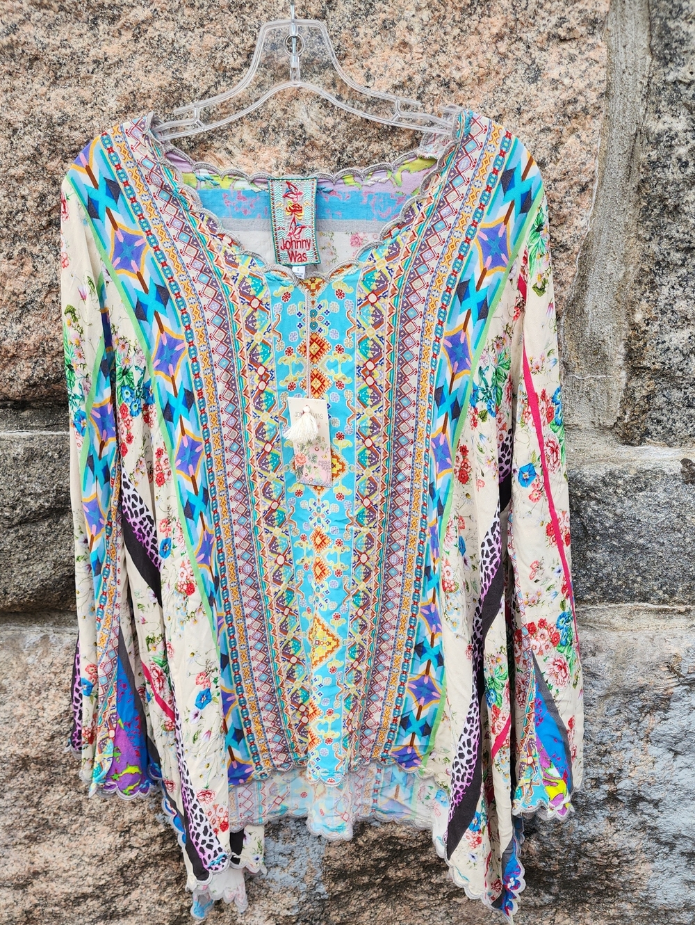 Johnny Was Stella Bohemian Floral Printed Flare Sleeve Tunic in Multicolor Small